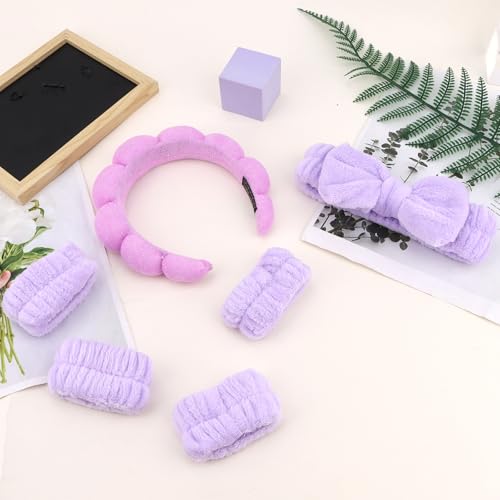 Purple Skincare Bubble headband and wristband set for Face Washing - color: Purple