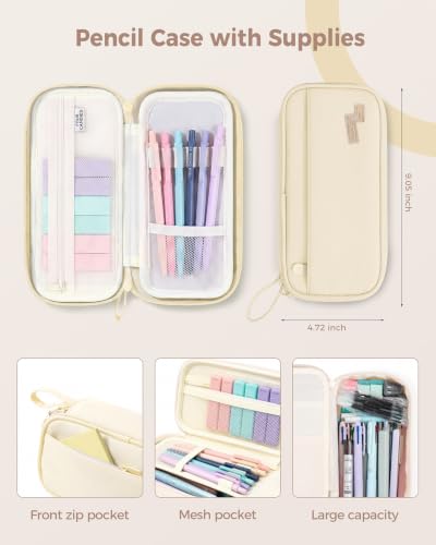 Four Candies 56 PCS Aesthetic School Supplies with Pencil Case (Cream) - color: Cream