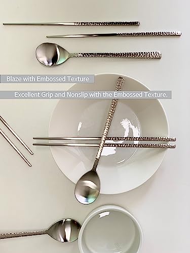 Korean Made Silver Glossy Hammered Stainless Steel Korean Spoon & Chopstick SET Gift for Mom Stocking Stuffer(4SET)
