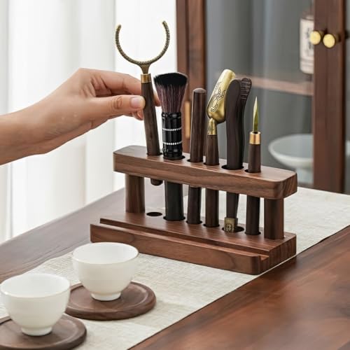 Tea Ceremony Six Gentlemen Set, Chinese Gongfu Tea Making Tools，Multifunctional Tea Ceremony Accessories Combination for Rack Clip Knife Needle Spoon (Walnut color)