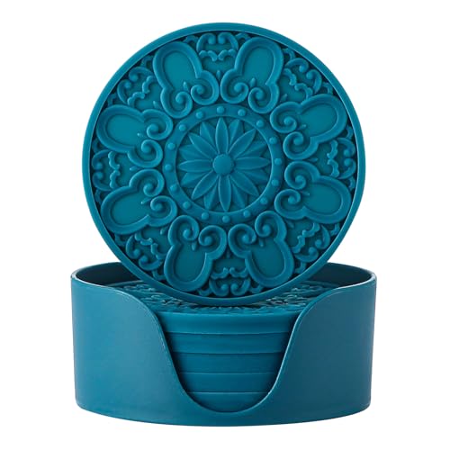 Colinda Silicone Coasters - Set of 6 with Holder, Non-Slip Cup Mats for Hot and Cold Drinks, Decorative Designs, Gift Ready Packaging,Teal - color: Teal