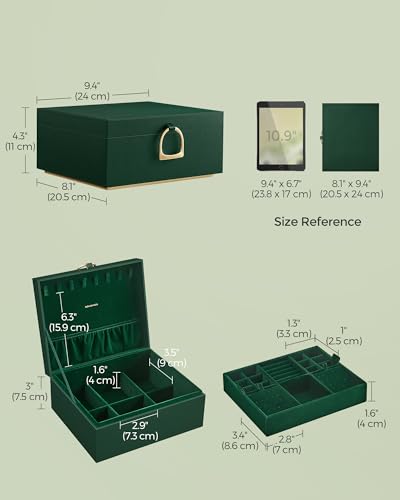 SONGMICS 2-Layer Jewelry Box with Handle, Removable Tray, Floating Effect - color: Forest Green