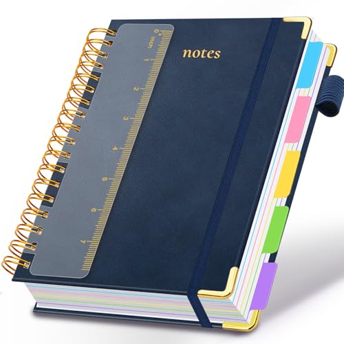 Hardcover Spiral Notebook 6.2"x 8.2" Journal Notebook with Tabs and Removable Dividers 300 Pages 5 Subject Notebook College Ruled, Faux Leather Spiral Bound Notebook for Women School Work(Dark Blue) - color: Dark Blue, size: 6.2"x8.2"(A5)