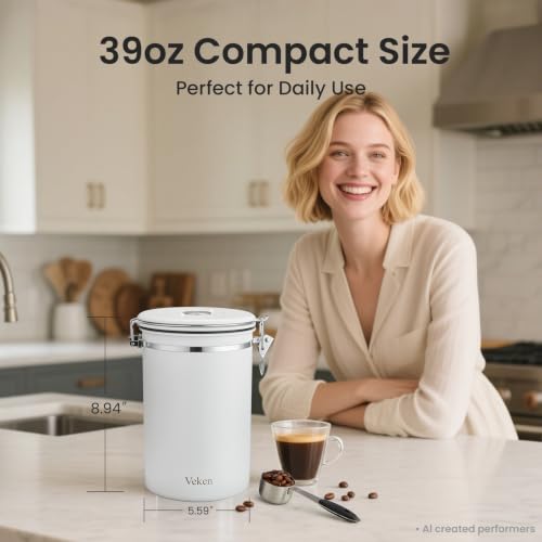 Veken Coffee Canister,39OZ, 2.2lbs,Large Airtight Stainless Steel Container - color: Jet White, size: 39 oz