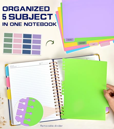 5 Subject Spiral Notebook Journal with Removable Dividers Tabs, 300 Pages Organizer Notebooks for Work School, 8"x10" Hardcover Leather Notebook College Ruled, Large Lined Journal for Women Men,Navy - color: Navy, size: B5