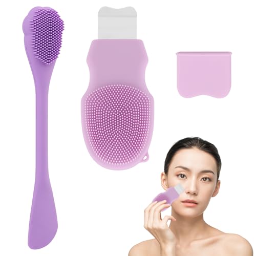 2-in-1 Silicone Face Scrubber & Blackhead Remover Tool, Facial Cleansing Brush with Stainless Steel Skin Spatula, Nose Pore Cleaner, Face Exfoliator for Deep Cleansing, Mask Applicator for Women & Men - color: Purple