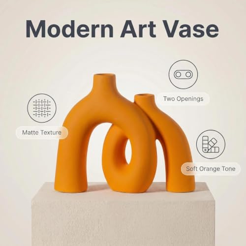 CEMABT Modern Nordic Boho Vase Set - Elegant Orange Matte Ceramic Home Decor for Living Room, Bookshelf, Mantel, Entryway Table & Console Décor | Shelf Decorations Easter Gift - color: Orange-1
