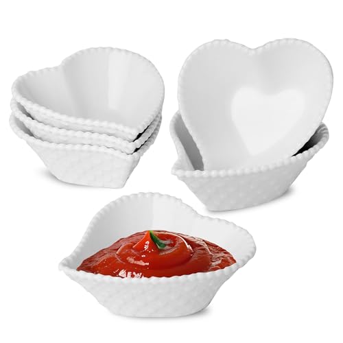 UIBFCWN 6 Pack 1.7 Oz Ceramic Soy Sauce Dish, White Dipping Sauce Bowls, Heart Shape Dipping Bowls for Ketchup, Vinegar, Sushi, BBQ and Party Dinner, Condiment Server - size: 1.7 oz Heart-6 Pack