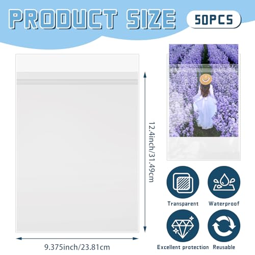VOKOY 50 Pack 9 3/8 x 12 2/5 inches Crystal Clear Sleeves Storage Bags, Self Sealing Cellophane Bags Magazine Sleeves Protectors for 9x12 Photo Mats Art Prints Drawings - size: 9 x 12 Inch, style: 50 Pack