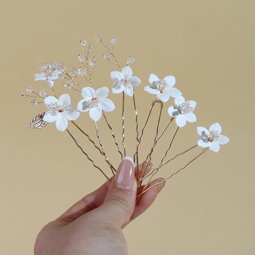 Handmade Pearl Bridal Wedding Hair Pins 6Pcs White Ceramic Flowers Gold Leaf Pearls Clips Wedding Hair Accessories for Women Brides Bridesmaid (Set-G-Gold) - color: Set-G-Gold