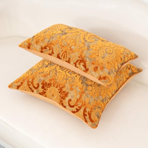 Alerfa Boho Orange Floral Throw Pillow Cover 18x18 Inch Cut Velvet Sqaure Luxury Embroidered Decorative Pillow Cover for Couch Living Room Bedroom - color: Orange, size: 18" x 18" (Pack of 1)