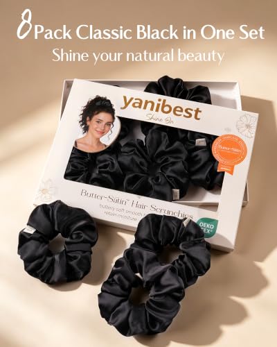 Yanibest 8 Pcs Satin Scrunchies - Silk Feeling Scrunchies Ponytail Holders - color: Black