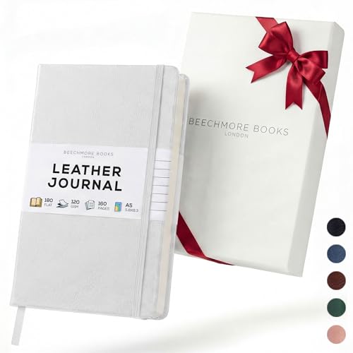 BEECHMORE BOOKS Lined Journal Notebook, 5.8" x 8.3", A5 160 Lined Pages, Hardcover Leather Journals for Women, Men, Writing and Notebooks for Work - 120 GSM Thick Paper, Gifts Box Included - color: Snow White, size: A5 - 5.8" x 8.3" Medium