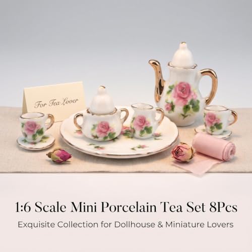 Miniature Tea Set 1/6 Scale Dollhouse Accessories Porcelain Little Rose - color: Little Rose