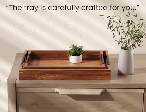 Fibogollo Acacia Wood Set of 2 Serving Tray with Metal Handles,Ottoman Decorative Trays Platter for Coffee Table,Living Room,Bar,Party - size: 15 x 10 in and 17 x 12 in - Set of 2