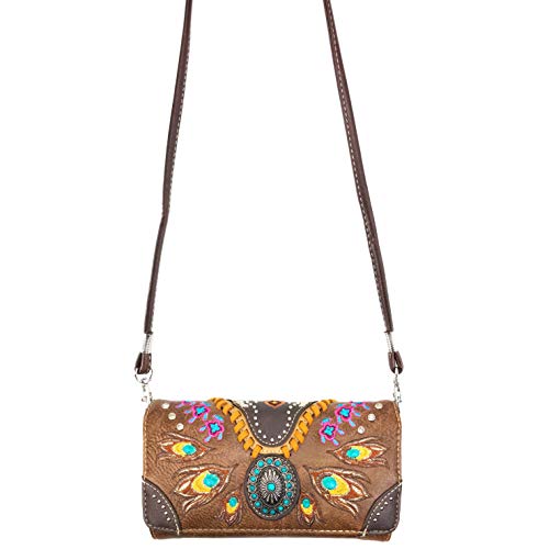 Zelris Turquoise Concho Peacock Feather Women Crossbody Wrist Trifold Wallet - color: Brown
