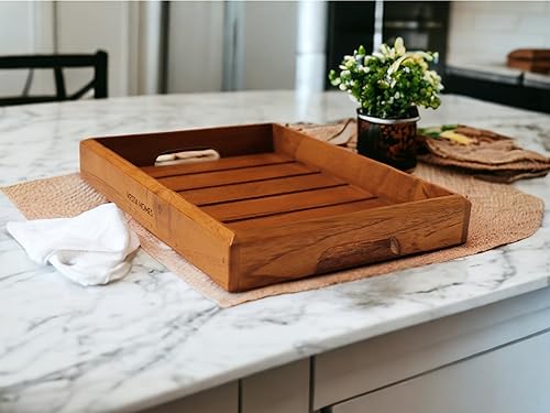 Vesta Homes Medium Teak Wood Serving Tray for Home, Kitchen, Breakfast, Restaurant, Office Organizer, Dining Table | Premium Wooden Tray |12 * 8.5 * 1.5 Inches | Handmade in India - size: Rivika Tray Medium