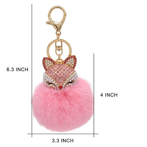 Faux Rabbit Fur Pom Pom Keychain with Fox Head - color: Pink