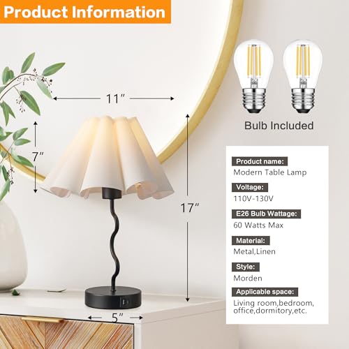 EOEYYOYB Pleated Table Lamp, Set of 2 Table Lamps for Bedroom, Bedside Lamps for Nightstand with Linen Lampshade, Modern Lamp for Bedroom Home Office Decor, Black - color: Black 2 Set