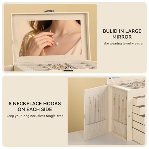 Frebeauty 6-Layer Jewelry Box for Women,Large Jewelry Organizer with Drawer - color: Beige, size: Large