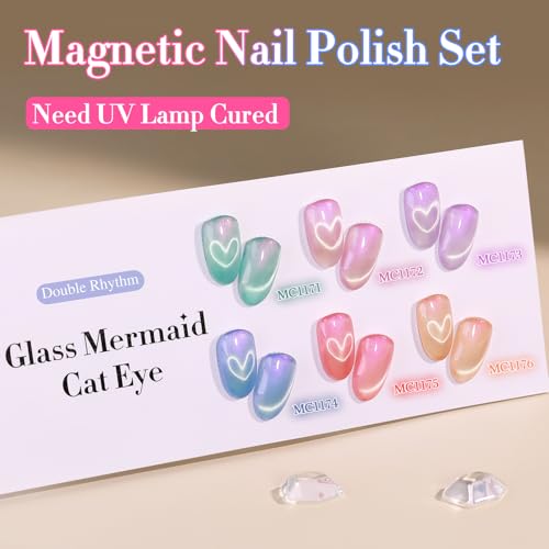 Double Rhythm Cat Eye Gel Nail Polish Set of 6 Same Color Same Bottle 0.5 Oz Shimmer Glitter with Magnet Holographic Reflective Magnetic UV Nail Polish Kit at Home (Mermaid Pink Rose-T6-31) - color: Glass Mermaid