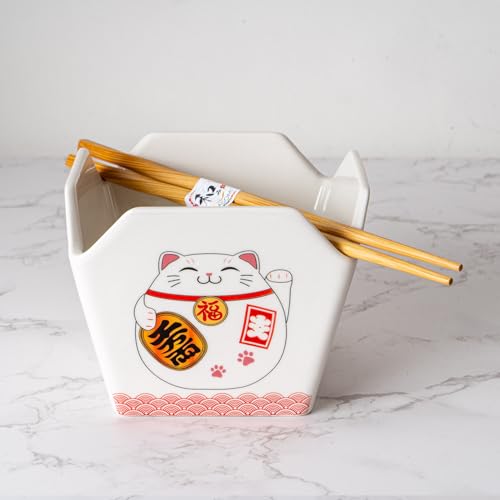 Urban Tokyo Chinese Takeout Box Style Porcelain Bowl With Chopsticks 18 fl oz Square Shape Rice Noodles Pasta To Go Box Shaped Bowl Microwave Dishwasher Safe (Lucky Cat) - color: Lucky Cat