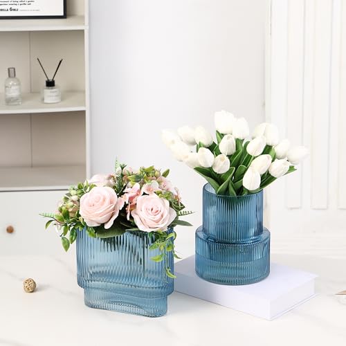 Blue Glass Vases, Set of 2 Ribbed Vases for Flowers, Blue Vase for Tulips, Modern Glass Vase for Living Room, Dining Table, Office, Entryway, Mantle, Bookshelf, Wedding Gifts - color: Blue, size: Large+Oval