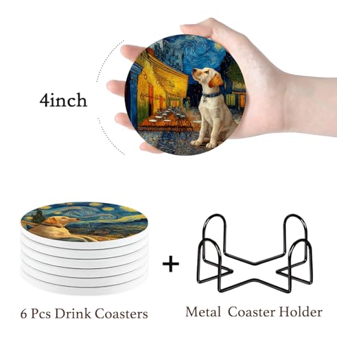 Nikyi 6 Pcs Cute Labrador Retriever Dog Ceramic Absorbent Coasters, Round Drink Coaster with Metal Holder and Cork Base, for Coffee Table Kitchen Bedroom Living Office Desk Home Decor or Gifts - color: Cute Labrador Retriever Dog