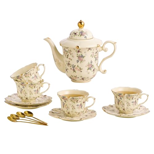 TATSUMI Country Roses Porcelain Tea Set, European Ceramic tea set for adults,Vintage Style, For Women and Tea Parties (Yellow, 13 Pieces Set) - color: Yellow, size: 13 Pieces Set
