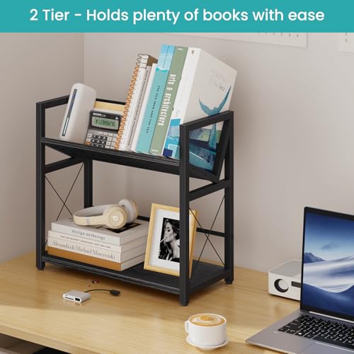 ELITEROO Desktop Bookshelf, 2 Tier Desk Book Organizer Shelf, Wood Tabletop Bookshelf Storage, Small Desk Top Bookcase for Office, Home, or Study, Mini Table Book Rack for Display, Black - color: Black