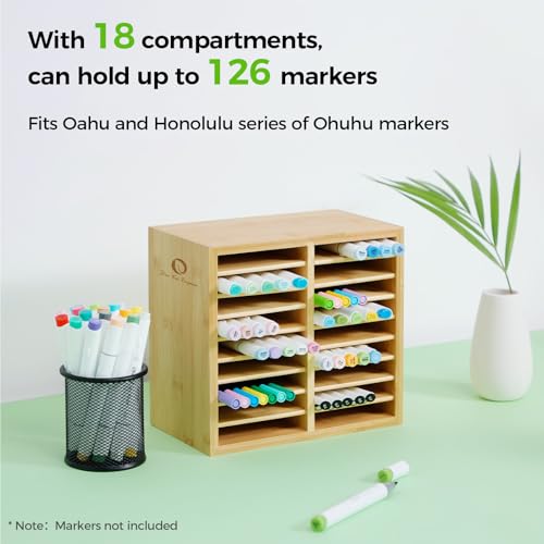 Ohuhu Bamboo Marker Organizer, Wooden Desktop Storage Holds 126 Markers - style: Right Angle Hold 126 Markers