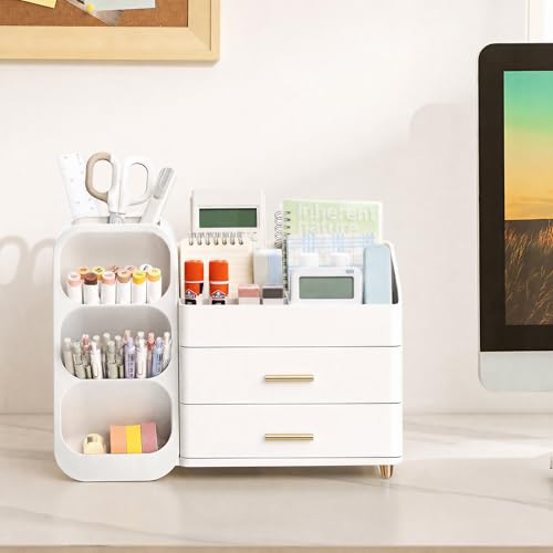 HBlife Desk Organizer with Pen Pencil Holder for Desk, Pen Organizer with 2 Drawers, Desk Organizers and Accessories with 4 Compartments, Desktop Storage for Office Home School Art Supplies, All White - color: All White