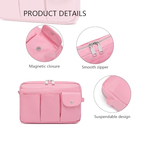Pencil Holder Storage Bag for Women, Large Capacity Zippered Pencil Case with Multiple Pockets, Nylon Canvas Stationery Organizer for Office, Travel & Daily Use (Nylon,Pink) - color: Pink/Nylon