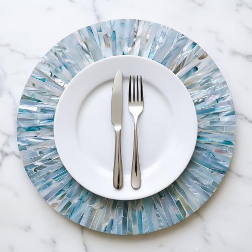 i-lan 13inch 2 Pack Mother of Pearl Decorative Plates for Display, Sea Shell Inlay Wood Charger Plates for Dining, Party, Modern and Coastal Decoration Placemats for Dinner Plates,Blue Ray - style: Style 5