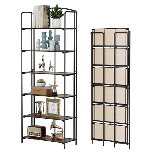 Crofy 6-Tier Wider Foldable Bookshelf, Black Frame & Walnut Shelves - color: Black Frame & Walnut Shelf, size: 6 Tier Wider