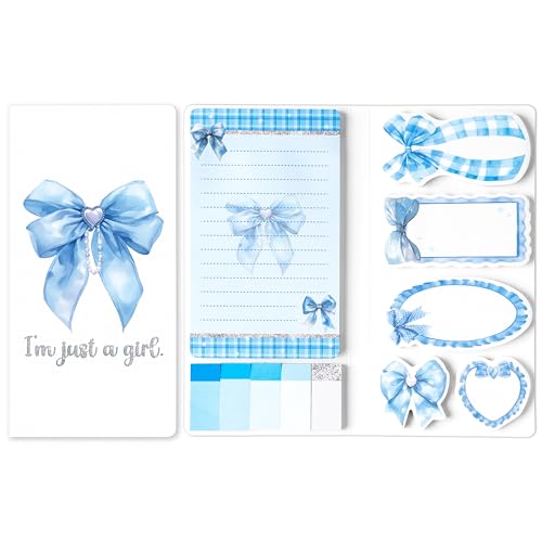 Xqumoi Coquette Blue Bow Sticky Notes Set - I’m Just A Girl Self-Stick Note Pads Bowknot Notepads Writing Memo Pad Page Marker Bookmarker Preppy Girly Stuff Back to School Office Supplies Gift - color: 1pack-blue Bow