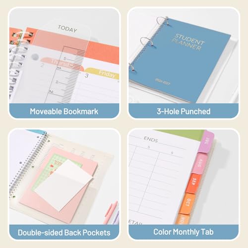 Student Planner 2026-2027, SUNEE Academic Weekly & Monthly Plan Book, Jul. 2026 - Jun. 2027, 8.5"×11" School Planner, Lesson Plan Book with Week's Goals, Bookmark, Monthly Tabs, 3-Hole Punched, Blue - color: Grey Blue, size: A4 8.5"×11"