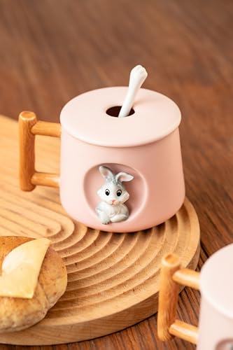 DIHOclub Adorable 3D Ceramic Rabbit Mug with Lid and Spoon Perfect for Coffee, Tea, Milk, and More - Ideal Gift for Bunny Lovers - 14 Ounces (Pink) - color: Pink