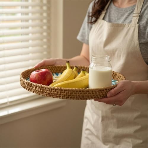 Oval Rattan Mother of Pearl Serving Tray, 3 Sizes Wicker Woven Coffee Table Tray with Wooden Base for Fruit Snack Breakfast Party Picnic Cafe Kitchen Home Decor (Blue White Scale) - color: Blue White Scale