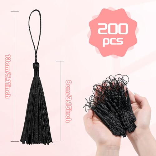200pcs Bookmark Tassels Bulk 5 Inch Silky Soft Handmade Tassels for Crafts, DIY Jewelry Making, Gift Decorations,Black - color: Black