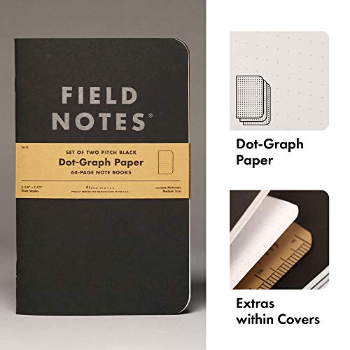 Field Notes 2-Pack Pitch Black Notebooks (4.75" X 7.5"), Dot-graph, 64 Pages | Thin Pocket Sized EDC Notebook With 90 GSM Paper & Paperback Cover | Work Notebooks For Note Taking | Made in the USA - size: Large Size (4.75" x 7.5") 2-Pack - Dot-Graph Paper