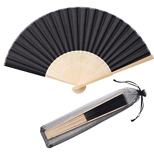 24pcs Imitated Silk Hand Fan Imitated Silk Fabric Bamboo Handheld Folded Fan Bridal Dancing Props Church Wedding Party Favors with Organza Bags (Black) - color: Black