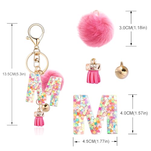 Resin Alphabet Initial Letter Keychain Keyring for Women Purse Handbags With Fur Ball Pom - color: Deep Pink Fur Ball Letter M