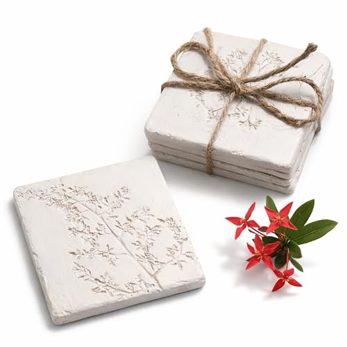 Ceramic Coasters Set of 4, White Vintage Engraved Flower Design