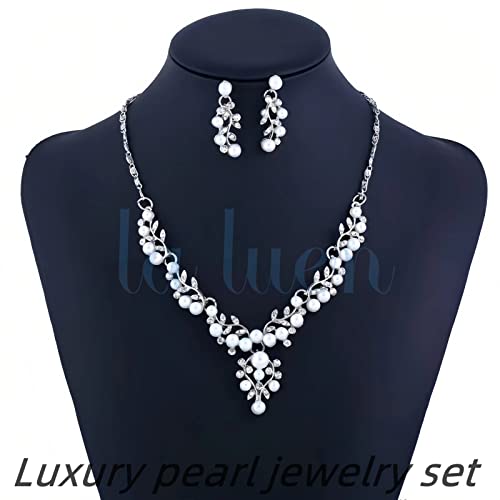 Pearl Bride Wedding Jewelry Set Faux Pearls Crystal Rhinestone Necklace Earrings Bracelet Sets for Women Bridesmaid(3 PCS) - color: Silver - Pearl B