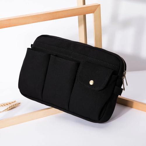Pencil Holder Storage Bag for Women Large Capacity Zippered Pencil Case with Multiple Pockets Canvas Stationery Organizer for Office Travel & Daily Use - color: Black/Canvas