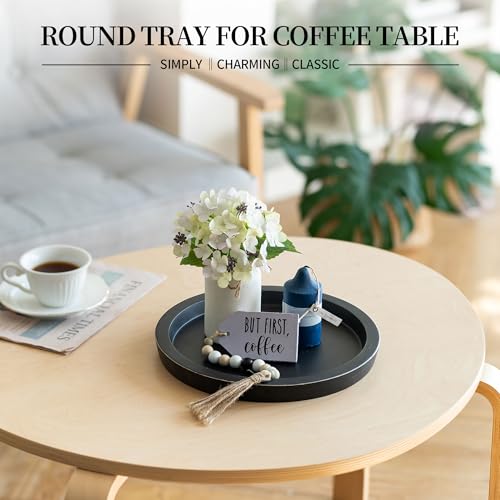Hanobe Wooden Tray for Coffee Table: Candle Holder Plate Black Round Decorative Serving Tray - Vintage Table Centerpiece Rustic Farmhouse Home Decor - color: Black
