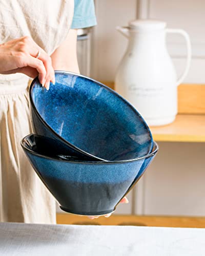 Large Ramen Bowls Set of 2, 71 oz Ceramic Noodle Bowls, Spoon & Chopsticks - color: Reactive Blue, size: 71 Oz