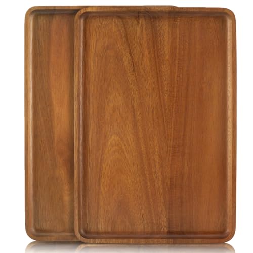 2 PCS Solid Acacia Wood Serving Trays 16 * 12 inch Rectangular Wooden Serving Platters Natural Wooden Boards for Bar Coffee Party - color: Brown, size: 16" x 12"