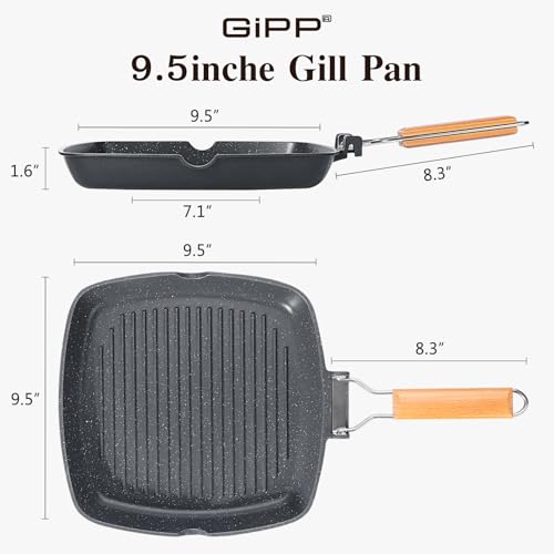GiPP Nonstick Grill Pan with Folding Handle,Square Grill Skillet, Grilling Pan with Pour Spouts, Versatile Griddle Steak Pan for All Stove,PFOA Free, 9.5 Inch - size: 9.5"*9.5"